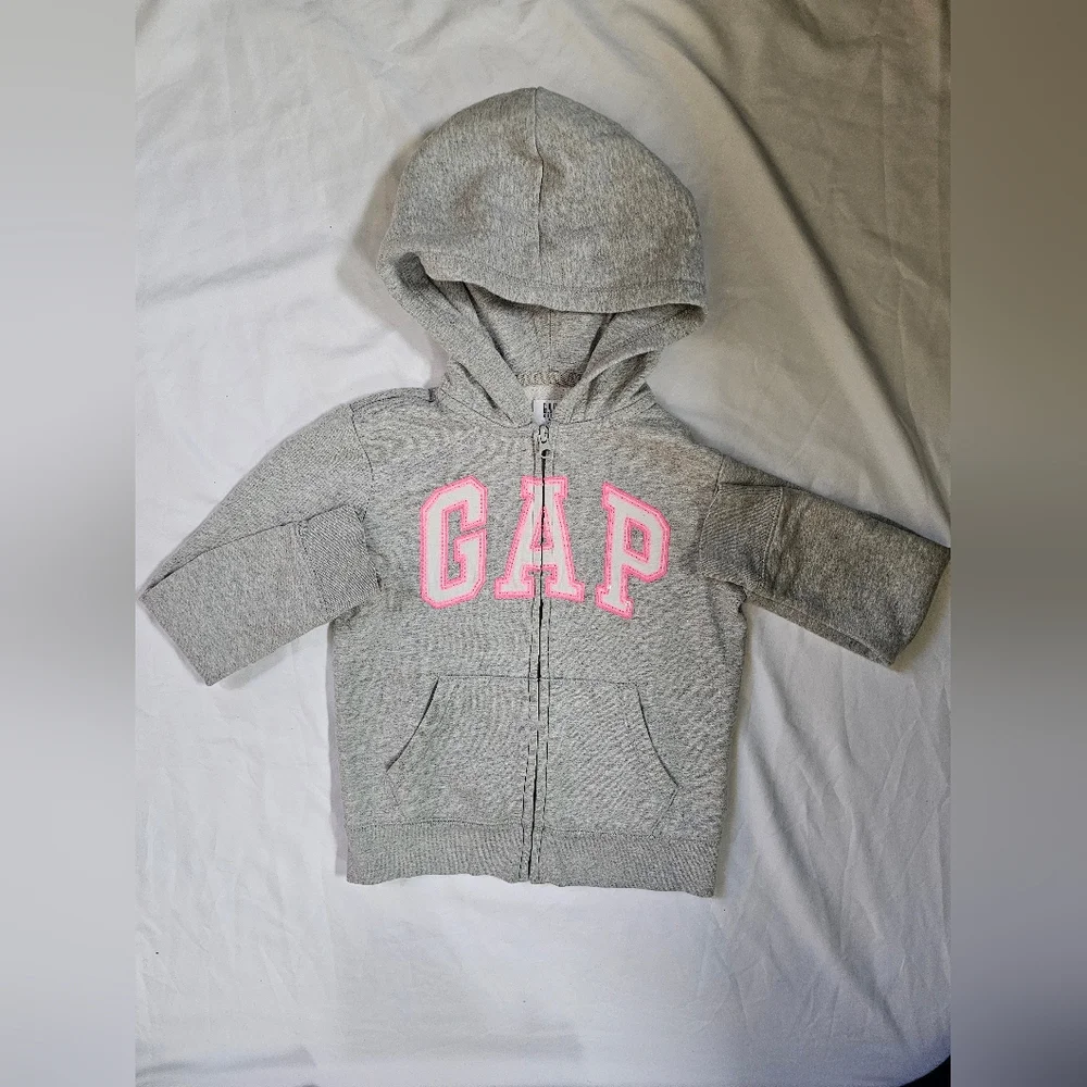 Gap Kids' Gray Zip Hoodie with Pink Logo- Medium